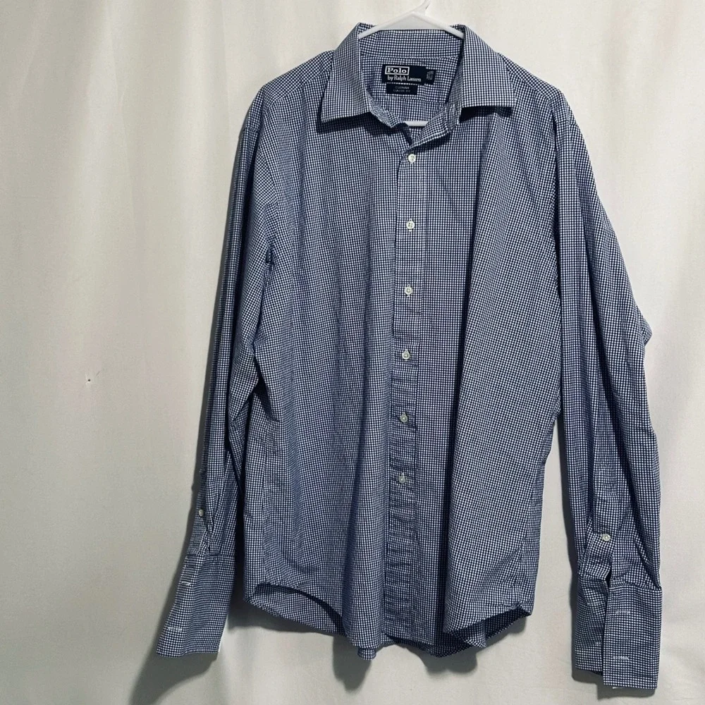 Polo Ralph Lauren Curham Classic Fit Gingham‎ Dress Shirt Blue White 16.5 35